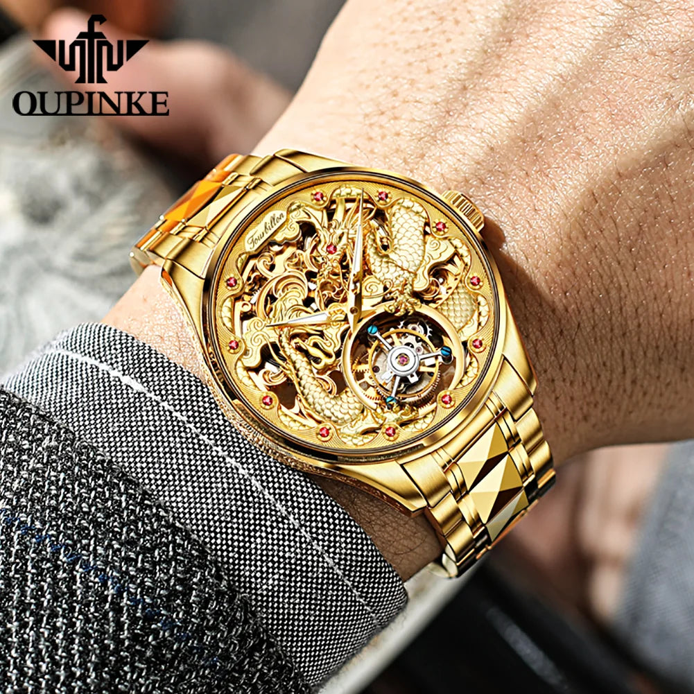 Oupinke High-End-Tourbillon Golden Dragon Herren uhr wasserdichte Wolfram Stahl Luxusmarke automatische mechanische Herren uhr