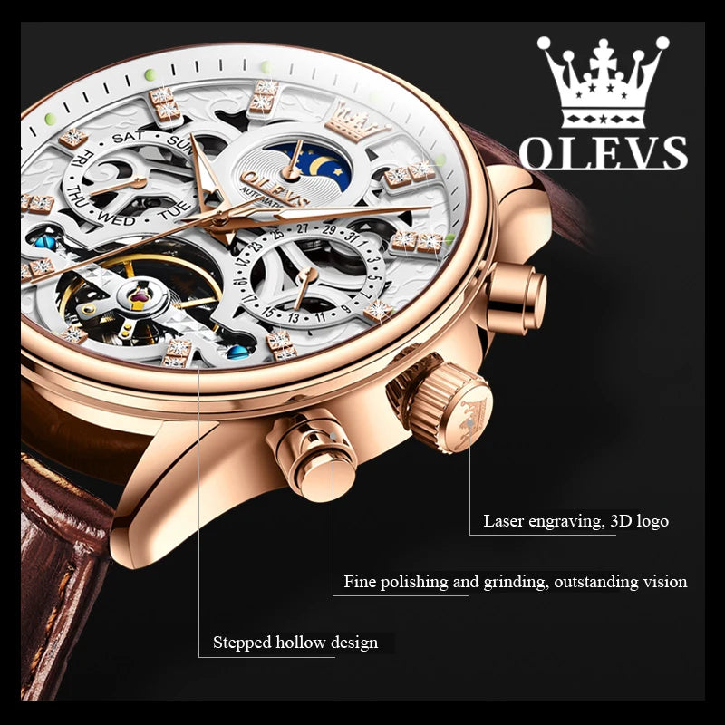 OLEVS Top Marke männer Uhren Mode Skeleton Tourbillon Automatische Mechanische Armbanduhr für Männer Wasserdicht Lederband Neue