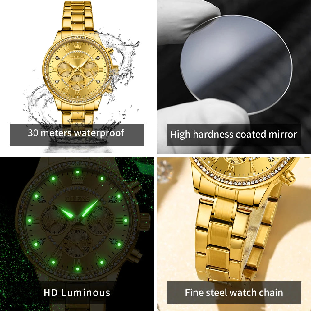 OLEVS Damenuhren, Top-Marke, luxuriös, Original-Quarzuhr für Damen, Chronograph, wasserdicht, leuchtendes Strass-Zifferblatt, 24-Stunden-