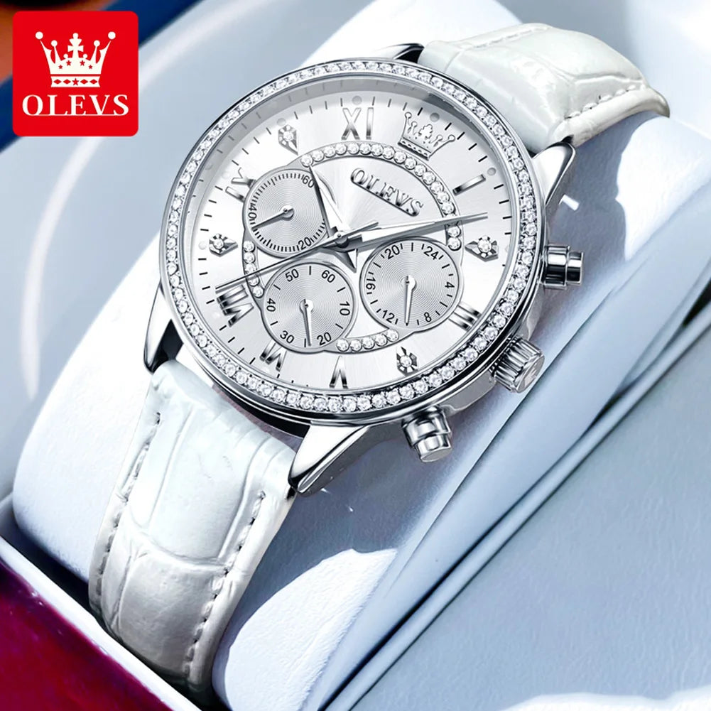 Olevs Damen uhren Mode elegante Diamant Lünette Original uhr für Damen weiches Leder armband wasserdicht leuchtenden Chronograph