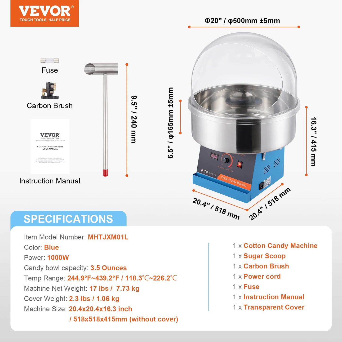 VEVOR Elektrische Zuckerwattemaschine, 1 kW Zuckerwattegeräte, Kommerzielle Zuckerwattemaschine mit Abdeckung, Edelstahlschüssel & Zuckerlöffel, für Kindergeburtstage zu Hause, Familienfeiern (Rot)