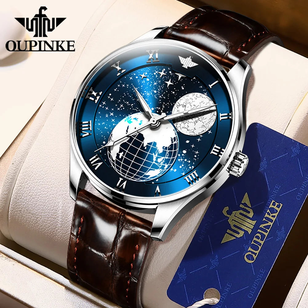 OUPINKE 3177 Top Fashion Herren Automatische Mechanische Uhr Luxus Marke Stern Mond 3D Erde Relief Design Wasserdichte Herrenuhr