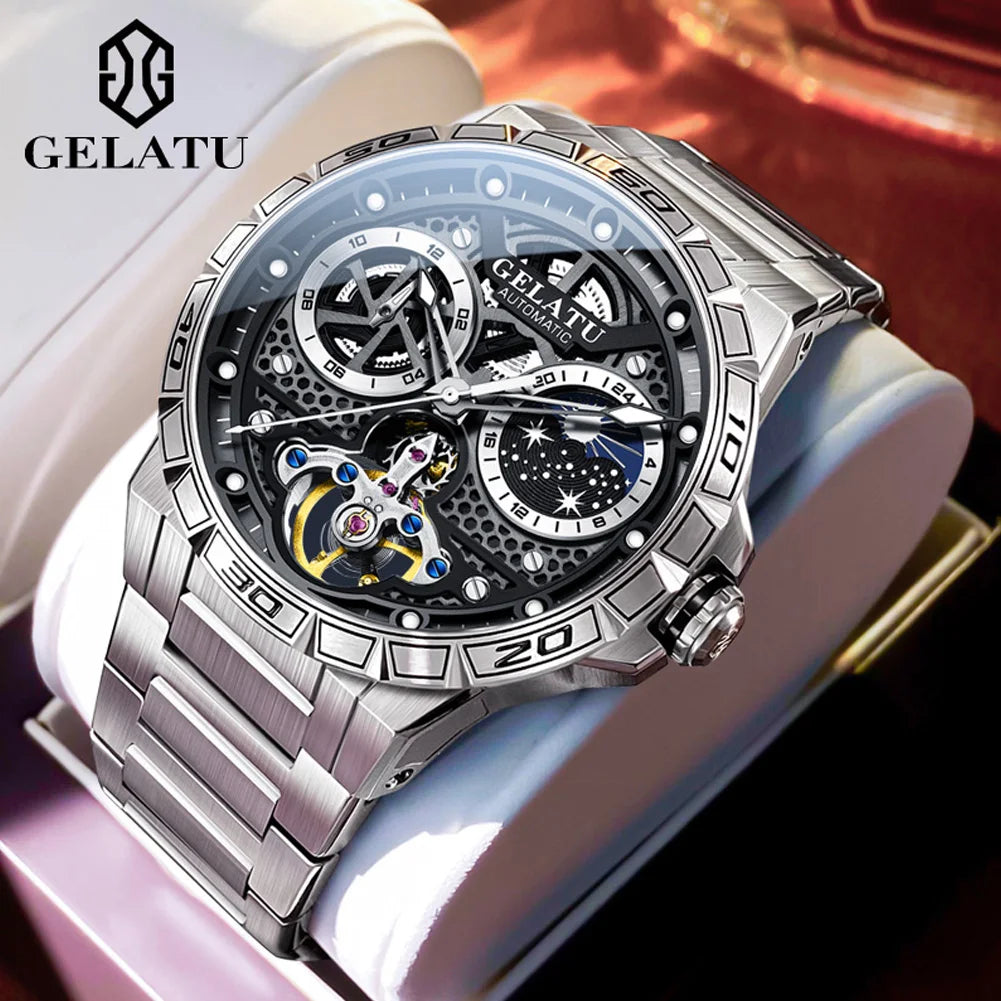 Gelatu 6020 Luxus multifunktion ale trend ige Herren uhr Skelett wasserdicht Sternen himmel Zifferblatt Marke automatische mechanische Herren uhr