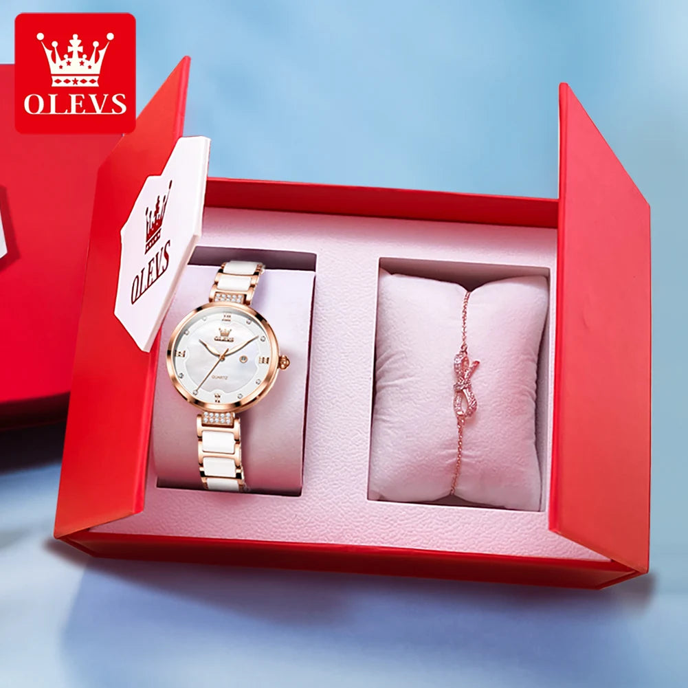 OLEVS Damenuhren, elegante Mode, Keramikarmband, Uhr für Damen, Armband, Geschenkbox-Set, wasserdicht, leuchtendes Datum