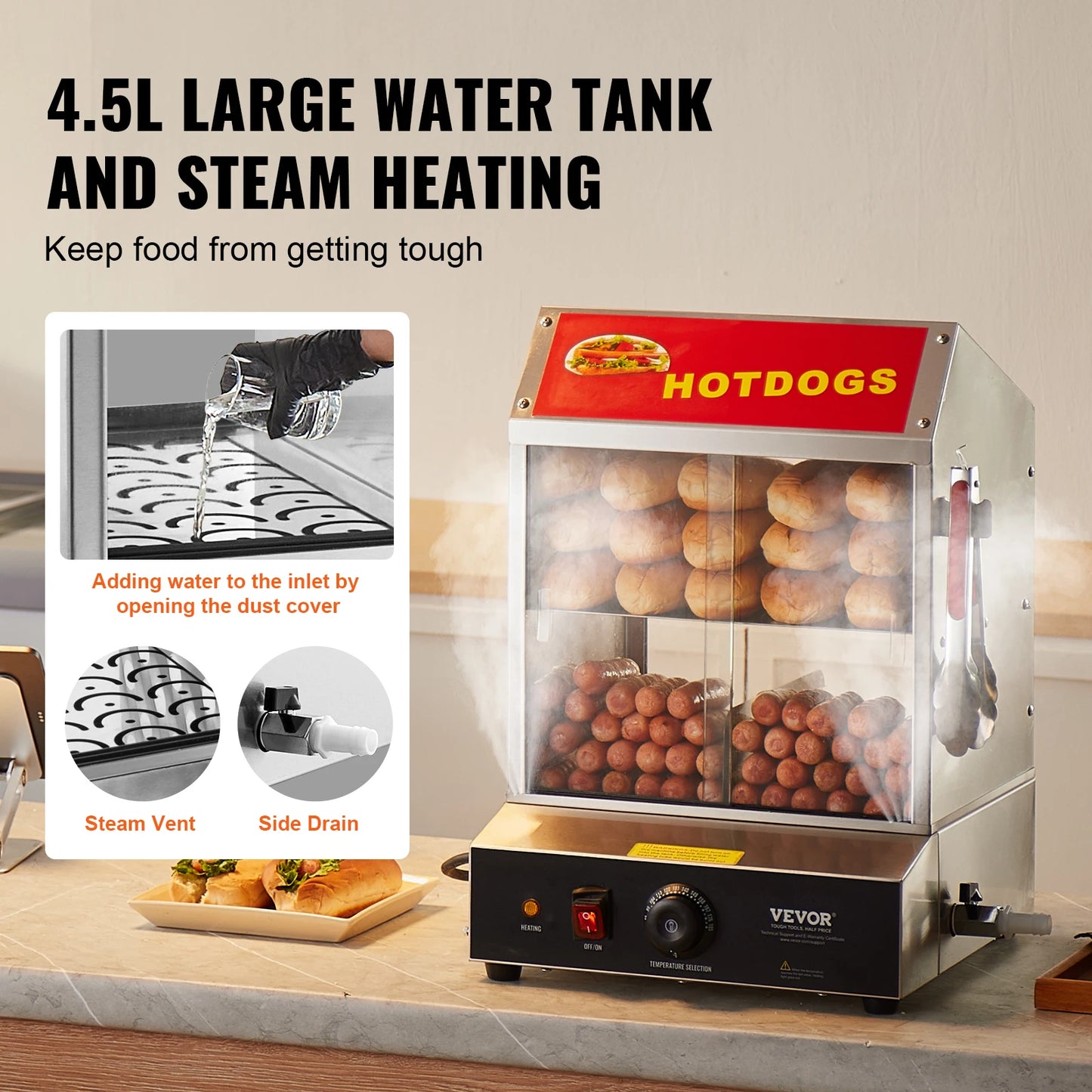 VEVOR Hot Dog Dampfgarer, 27L, 2-stufiger Hot Dog Hütten-Dampfgarer, 30℃~85℃ Temperaturregelung, elektrischer Brötchenwärmer mit Schiebetüren aus gehärtetem Glas, Trennplattenzange, Edelstahl, für Hot Dogs & Brötch