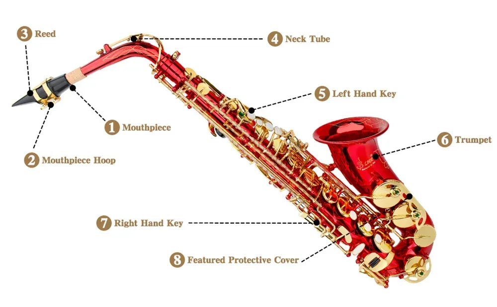 Rotes eb Altsaxophon für Anfänger Erwachsene Messing e Flat Key Typ Saxophon Holz blasinstrument mit Koffer riemen Handschuh teilen