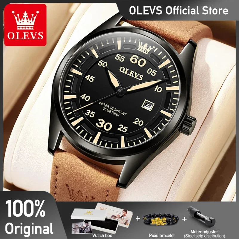 OLEVS 9962 Herrenuhren, Original-Quarz-Armbanduhr, wasserdicht, leuchtendes Lederarmband, automatisches Datum mit Box, Uhr für Herren