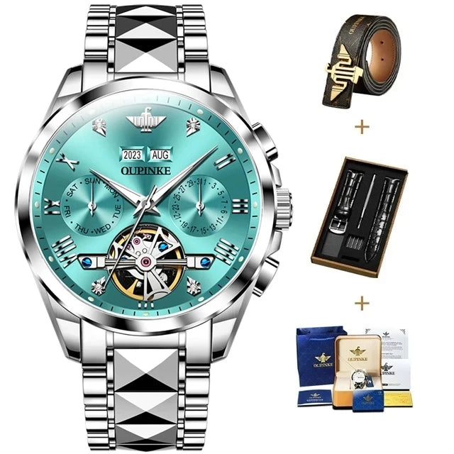 Oupinke hochwertige Luxus Skelett Schwungrad Automatik uhr für Männer 5bar wasserdichte Dual Kalender Marke Herren Armbanduhr