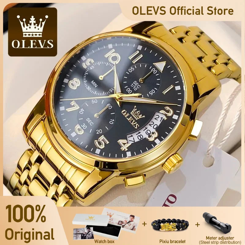 OLEVS Luxus männer Uhren Original Gold Chronograph Armbanduhr Wasserdichte Edelstahl Leucht Quarzuhr für Mann Sozialen