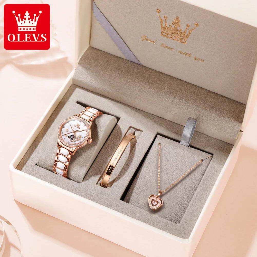 OLEVS Damenuhren, Top-Marke, modische mechanische Armbanduhr, Glück, Koi, Karpfen, Bohrring, Zifferblatt, Uhr für Damen, wasserdichte Keramik