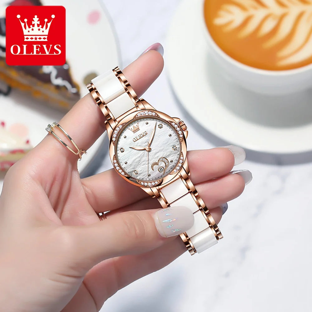 Neue Mode OLEVS Luxus Marke Frauen Mechanische Uhr Keramik Armband Automatische Mechanische Uhren für Frauen Geschenk für Frauen