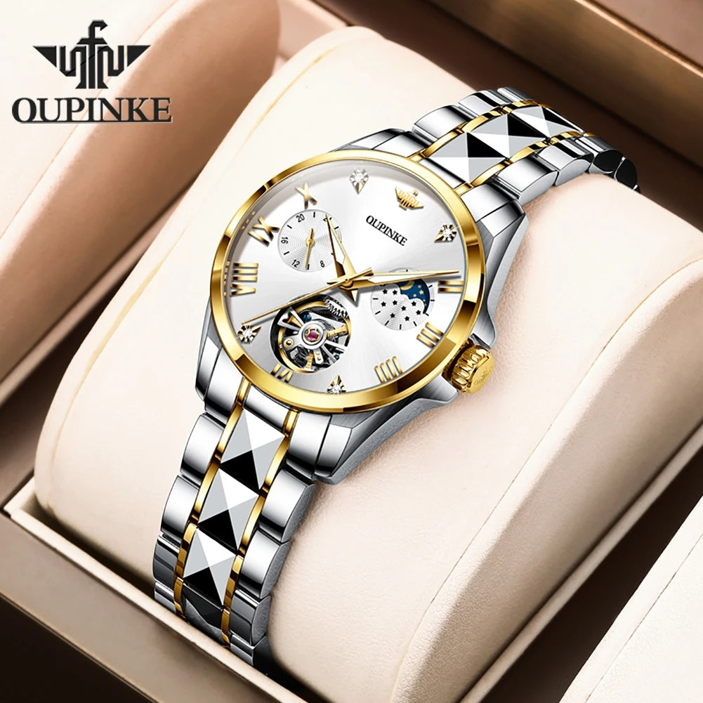 Oupinke Skelett Schwungrad mechanische Armbanduhr für Frauen Mondphase Chronograph wasserdichte elegante Damen Automatik uhr