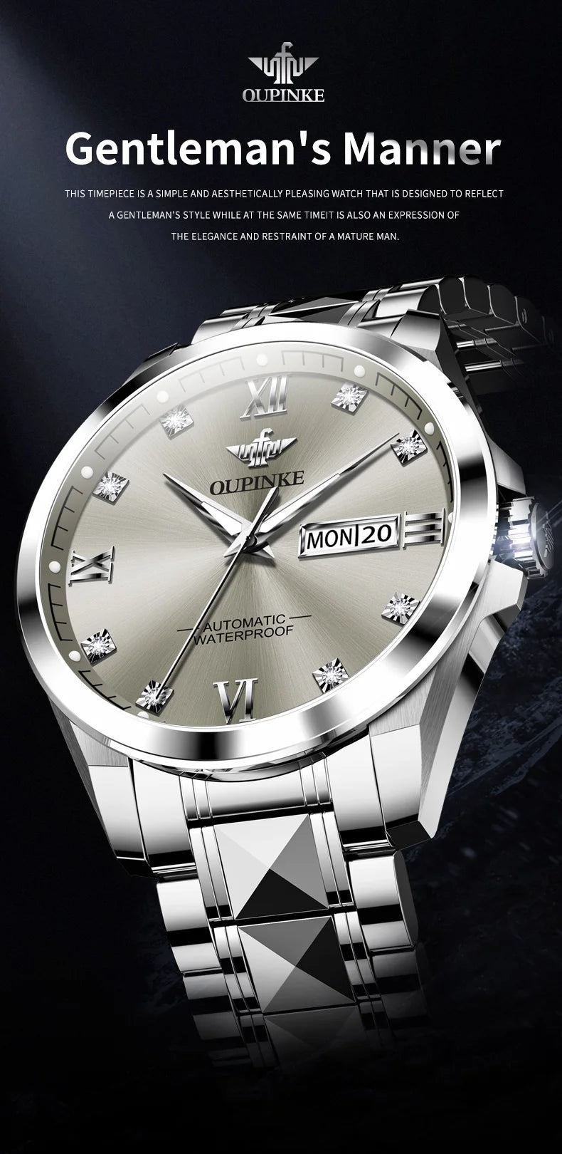 OUPINKE 3262 Men's Watch Luxury Tungsten Steel Waterproof Automatic Mechanical Watch Fashion Brand Calendar Business Men's Watch