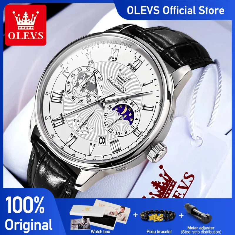 OLEVS Herrenuhren Casual Business Original Quarzuhr für Herren Wasserdicht Leuchtende Armbanduhr Mondphasenkalender Chronograph