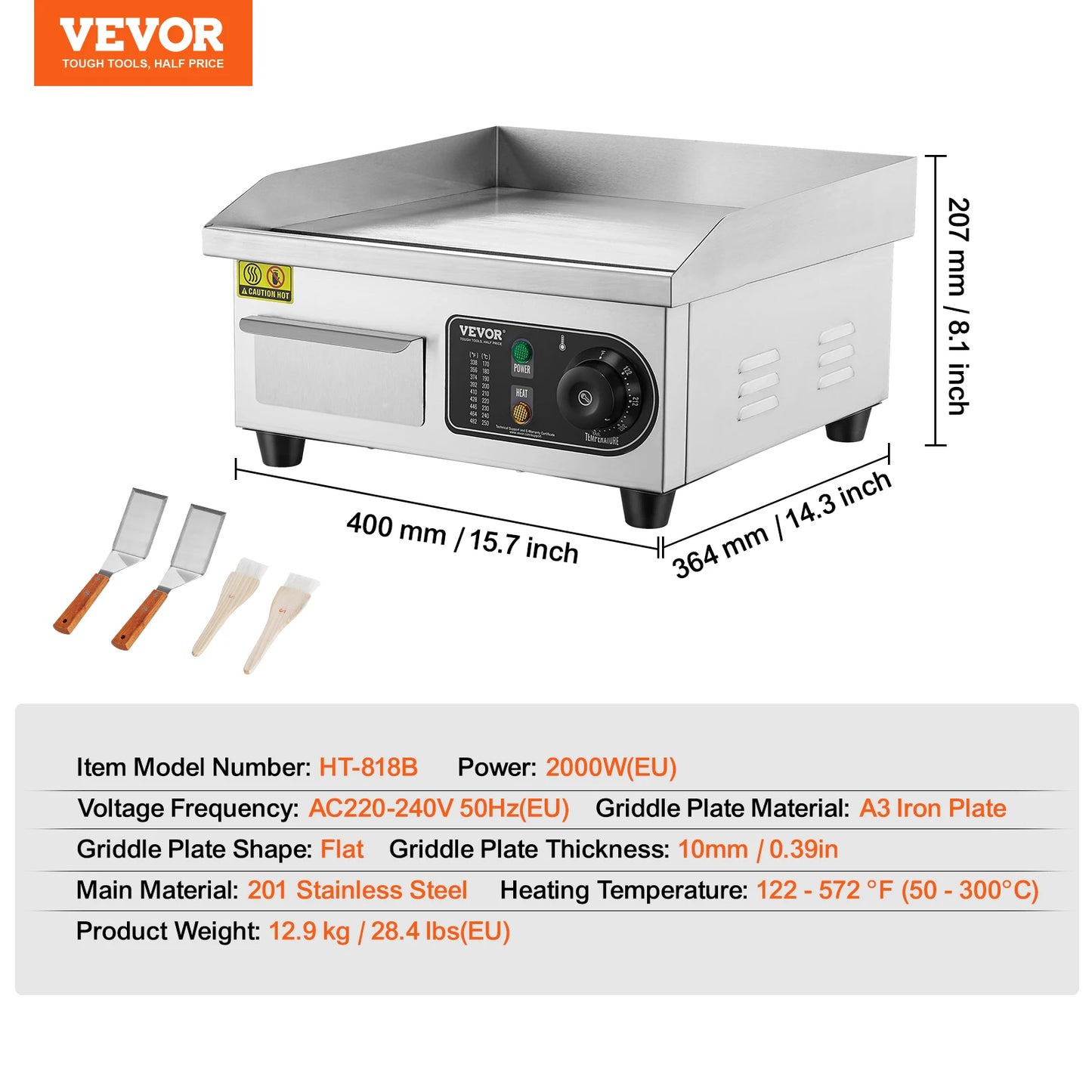 VEVOR Kommerzieller elektrischer Grill, 4400 W, flache Grillplatte für die Arbeitsplatte, einstellbare Temperatur von 122 °F bis 572 °F, 28,74 x 15,75 x 0,39 Zoll, Grillplatte aus Edelstahl mit 2 Schaufeln und 2 Bürste