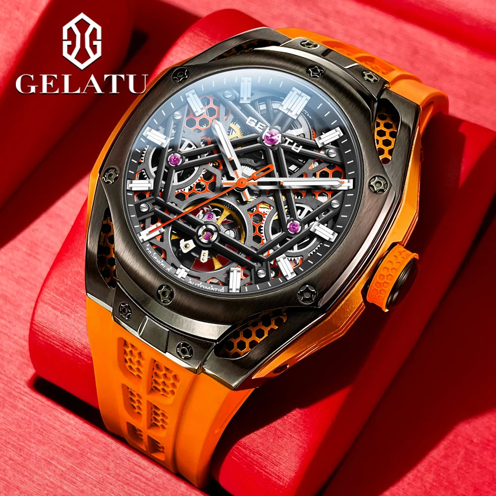 Gelatu 6008 original Luxusmarke Herren automatische mechanische Uhr Mode wasserdichte Skelett Saphir Spiegel Sport Herren uhr