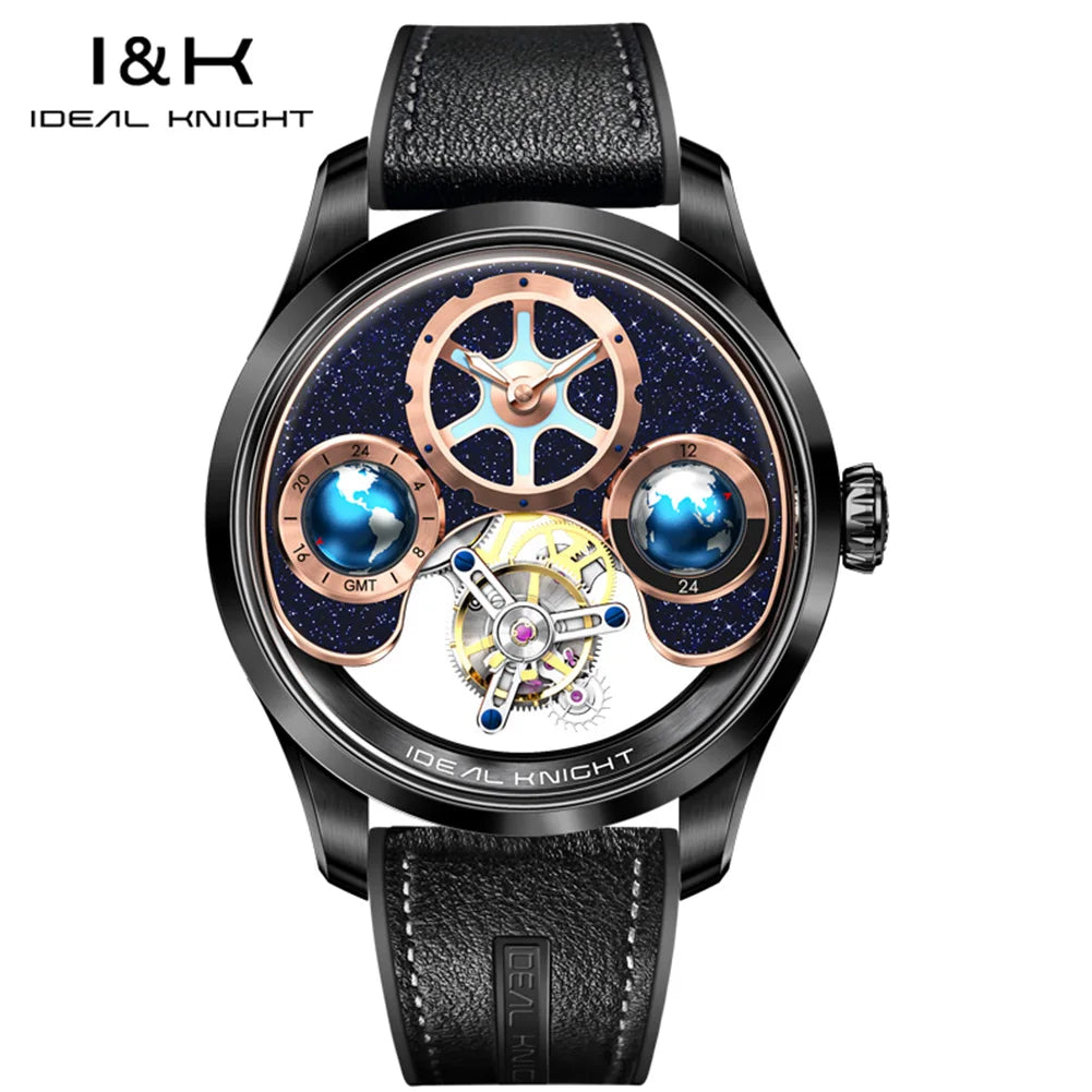 IDEAL KNIGHT 6808 Hollow Tourbillon Watch Luxury Brand Men Watch Fashion Business Waterproof Luminous Blue Earth Design Watch ﻿