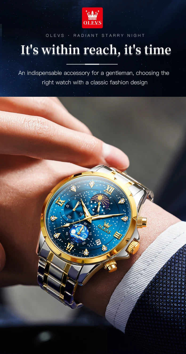 OLEVS Luxury Luminous Starry Sky Dial Men's Watches Moon Phase Waterproof Original Quartz Watch for Male Wristwatch Chronograph