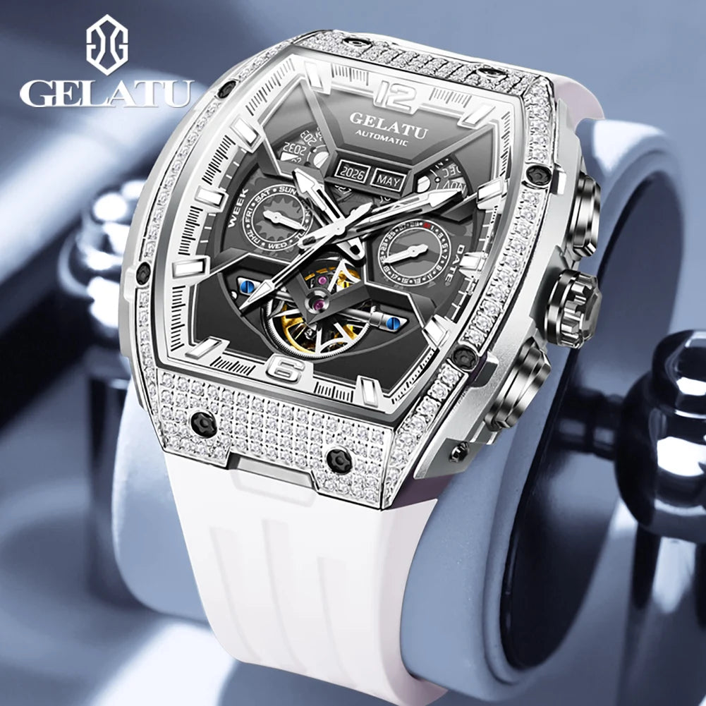 Gelatu 6016 Diamant hohl Luxus mechanische Herren uhr automatische Datum wasserdichte Silikon uhr Top Marke Uhr reloj hombre