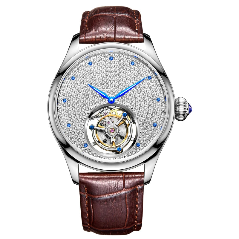 Neue High-End-Männer Tourbillon Uhr Luxus Diamant Saphir Leucht Hände Wasserdicht Original Real Business Mechanische Armbanduhr