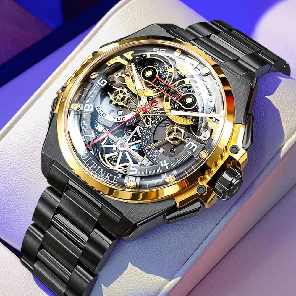 Oupinke Luxus Herren uhr Skelett automatische mechanische Armbanduhr für Männer italienische Designer Kollaboration Herren uhren neu