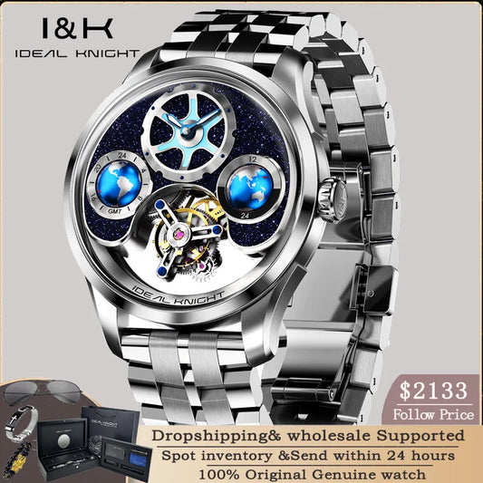 IDEAL KNIGHT 6805 Luxury Original Men's Tourbillon Watch Fashion 3D Rotating Blue Floor Design 12 Hour Tray Skeleton Men's Watch