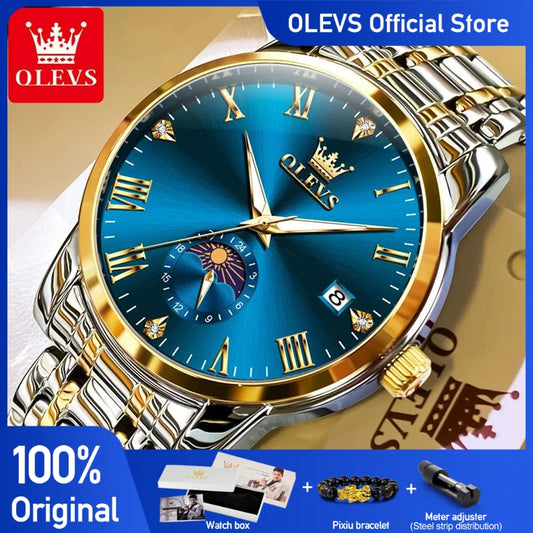 OLEVS 3656 Herrenuhr, Originalband, Kalender, Mondphase, Chronograph, großes Zifferblatt, Uhren für Herren, wasserdicht, leuchtend