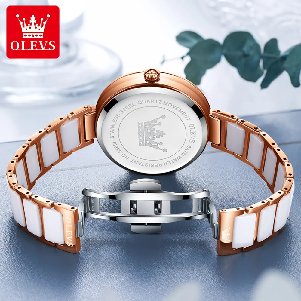 OLEVS Damenuhren, elegante Mode, Keramikarmband, Uhr für Damen, Armband, Geschenkbox-Set, wasserdicht, leuchtendes Datum