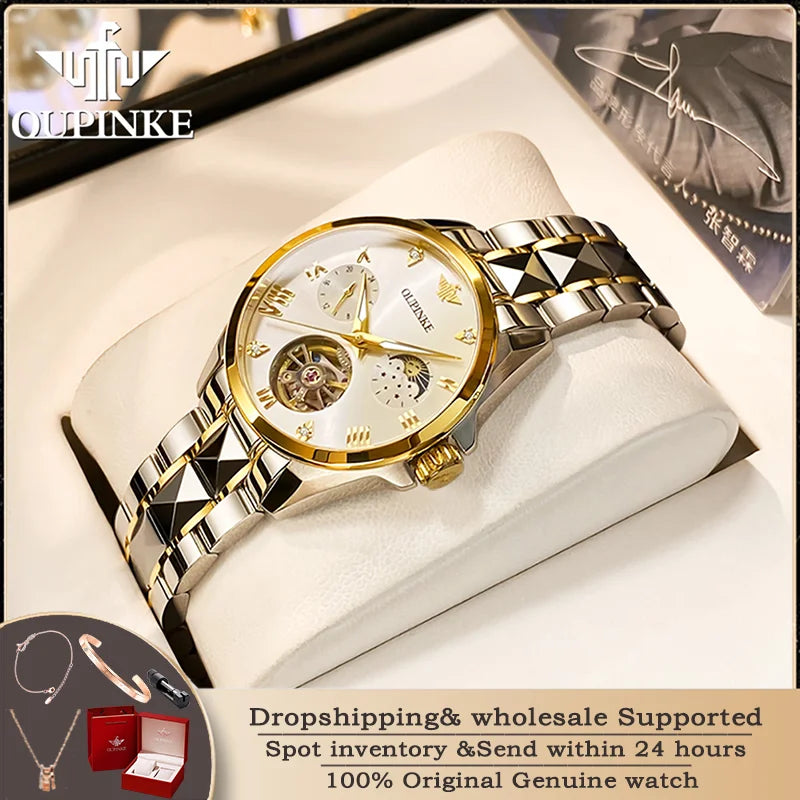 OUPINKE 3202 Hollow Women's Watch Swiss Luxury Brand Automatic Mechanical Watch Waterproof Moonphase Chronograph Women's Watch