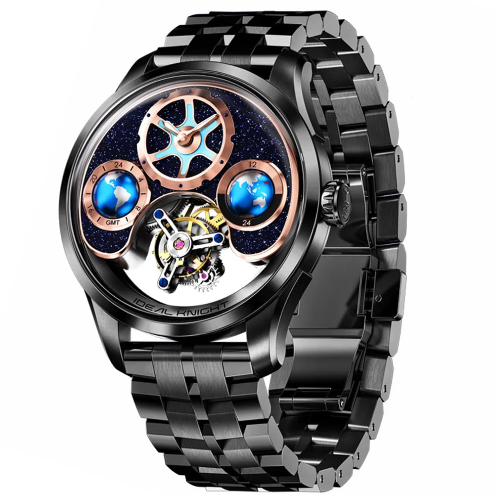 IDEAL KNIGHT Top-Marke Luxruy Herrenuhr Advanced Tourbillon Automatische mechanische Uhr Wasserdicht Leuchtende Dual-Region-Zeit