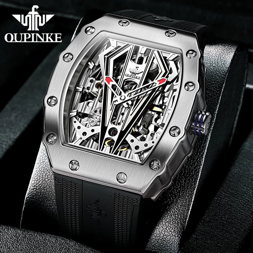 OUPINKE Top Marke Luxus Automatische Mechanische Uhr für Mann Wasserdicht Tonneau Wolfram Stahl Gehäuse Saphir Spiegel Mode Kleid