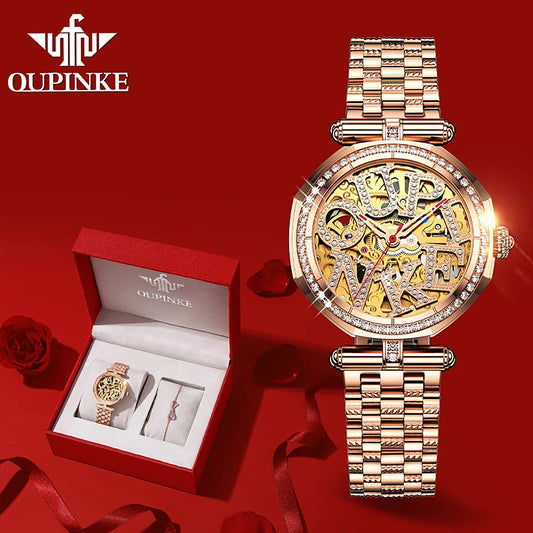 OUPINKE 3175 Frauen Uhr Original Automatische Mechanische Uhr Luxus Marke Wasserdichte Uhr Elegante Geschenk Box Mädchen Diamant Uhr