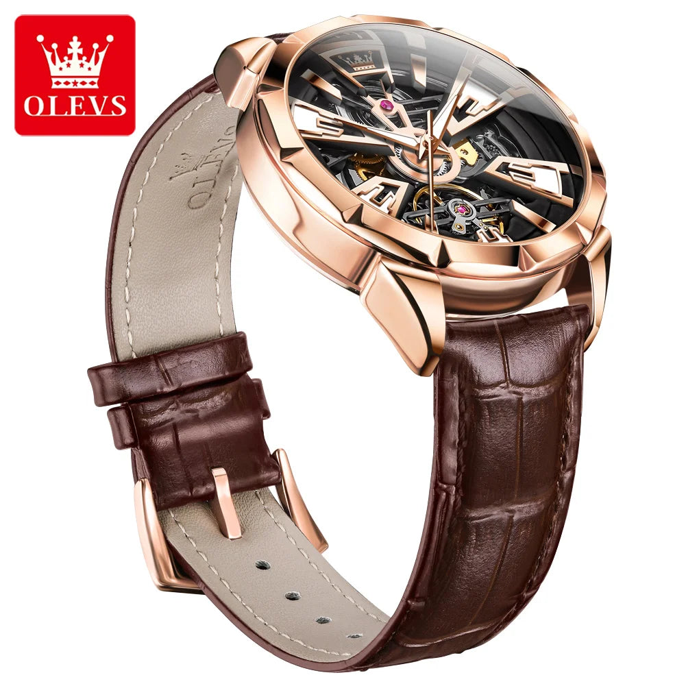 OLEVS 7051 Hohl Automatische Mechanische Uhren für Männer Mode Lederband wasserdicht Leucht Original Marke Luxus Mann Uhr