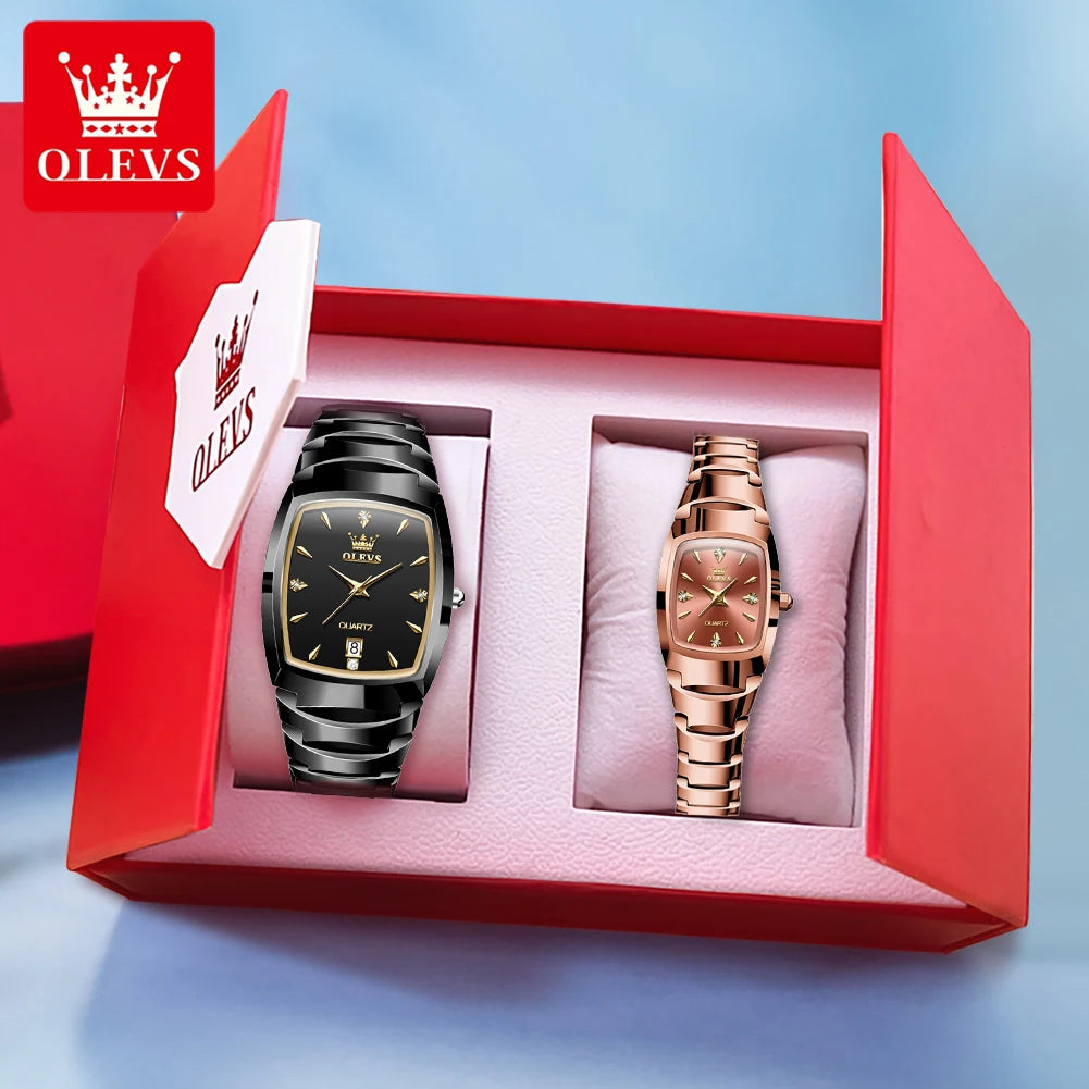 OLEVS Paar Uhren Luxus Gold Original Armbanduhr Wasserdicht Wolfram Stahl Datum Sie und Ihn Uhr Set Jahrestag Geschenk