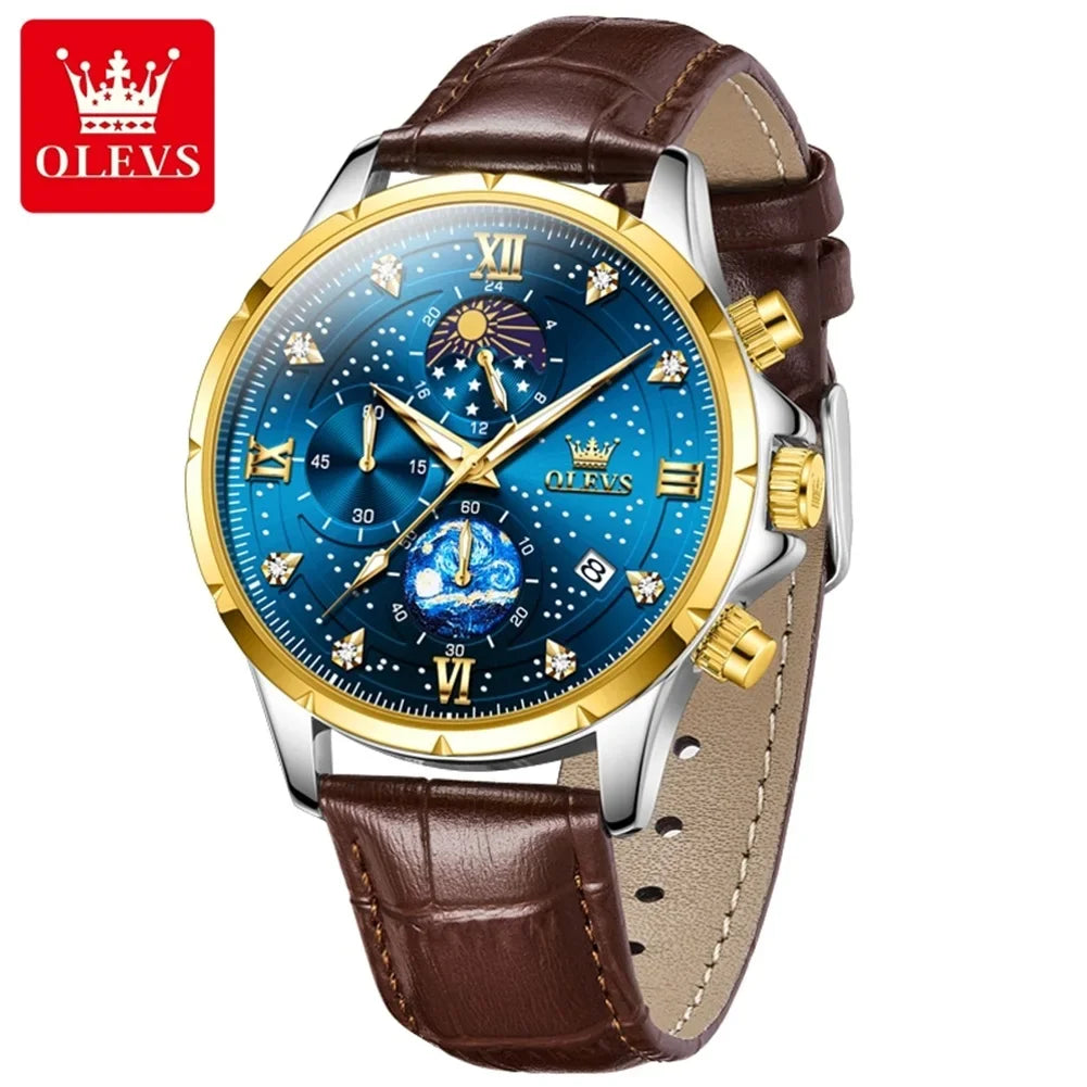 OLEVS Luxury Luminous Starry Sky Dial Men's Watches Moon Phase Waterproof Original Quartz Watch for Male Wristwatch Chronograph