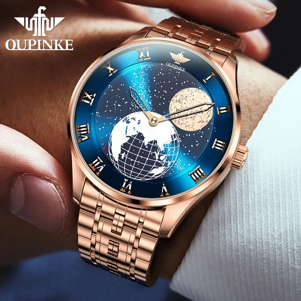 OUPINKE 3230 Men's Fully Automatic Mechanical Watch High Quality CITIZEN Movement Watch 3D Earth Starry Sky Business Men's Watch