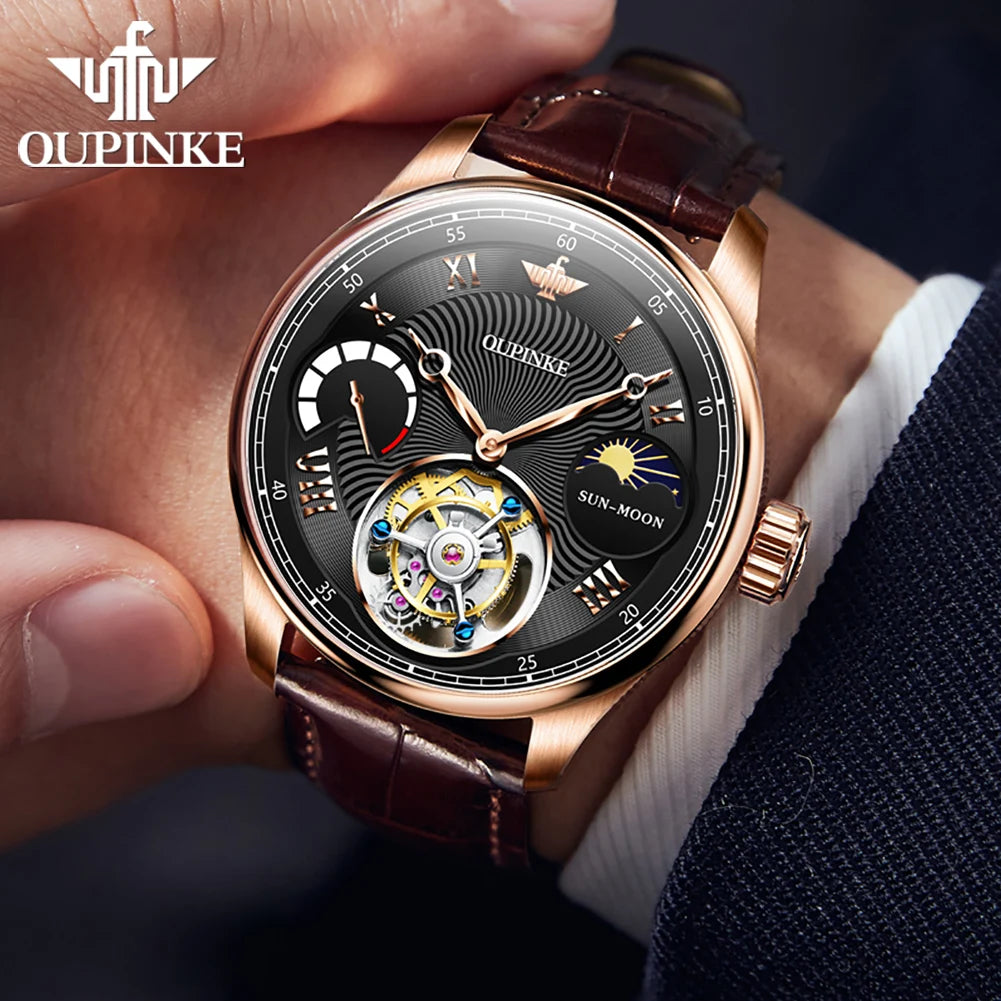 OUPINKE 8001 Tourbillon Men's Watch Luxury Brand Sapphire Waterproof Luminous Moonphase Watch Men's Automatic Mechanical Watch