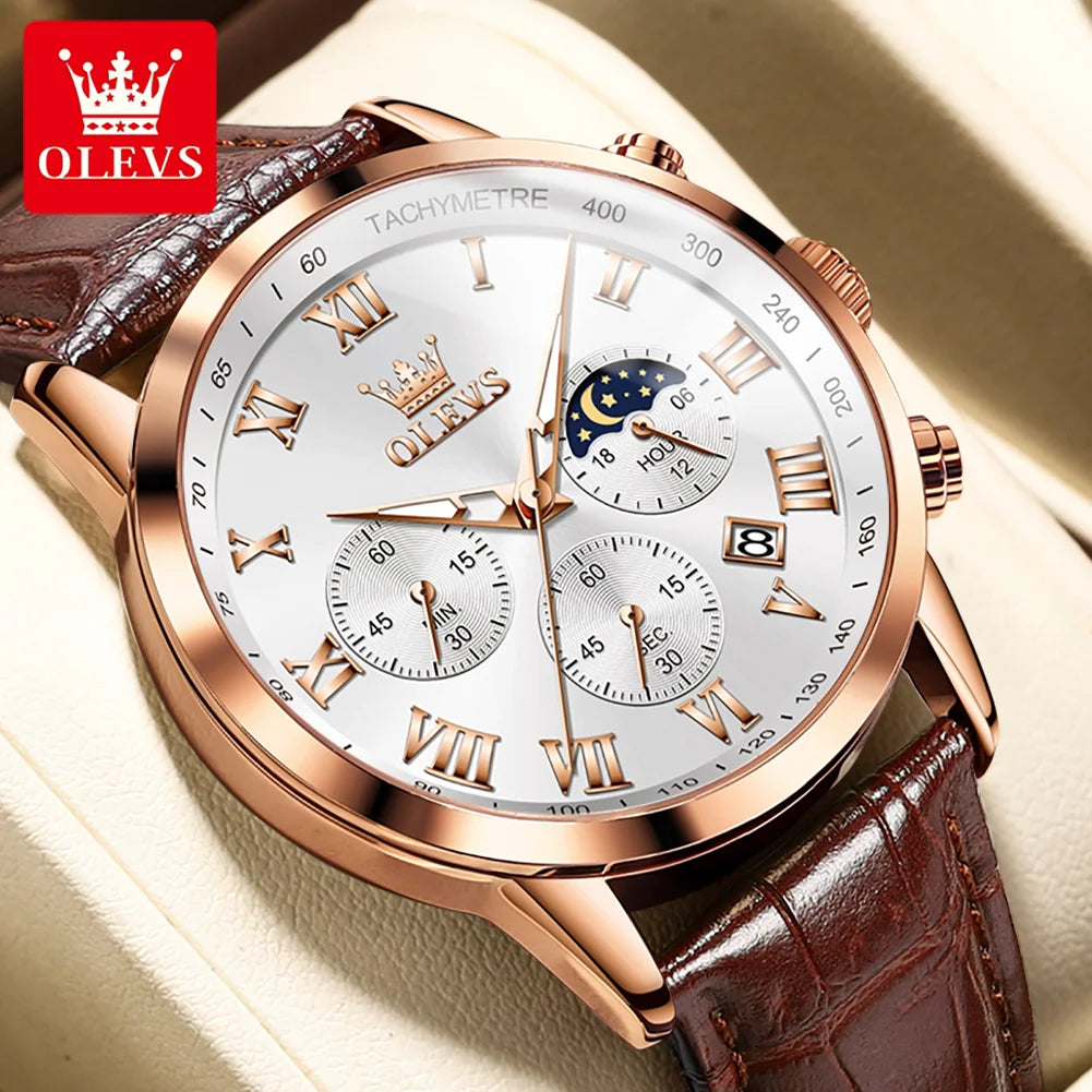 OLEVS herren Uhren Braun Leder Klassische Analog Quarz Uhr für Mann 3ATM Wasserdichte Armbanduhr Multifunktions Chronograph