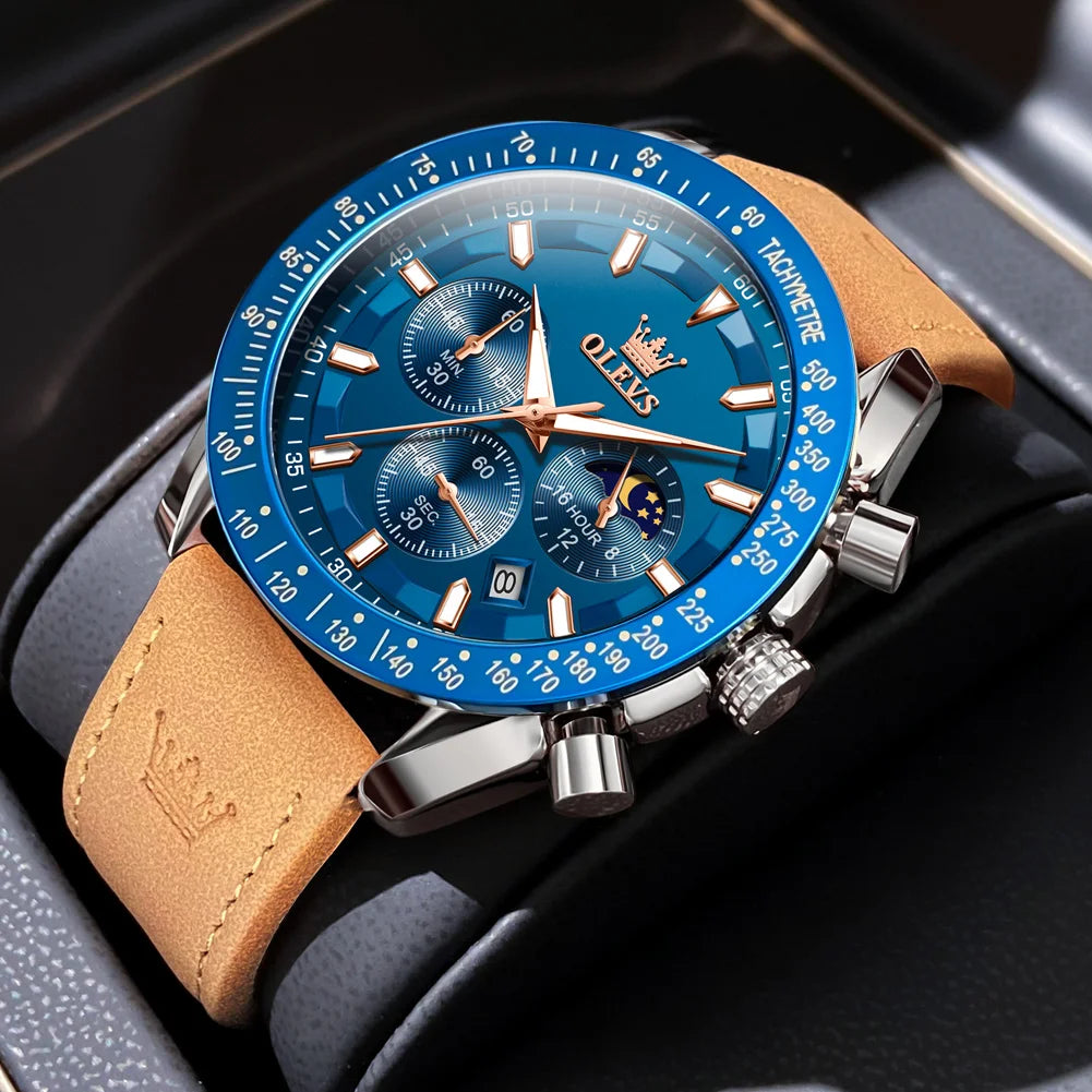 OLEVS herren Uhren Beliebte Mode Original Quarzuhr für Mann Chronograph Wasserdichte Leder Armbanduhr Luminous Mond Phase