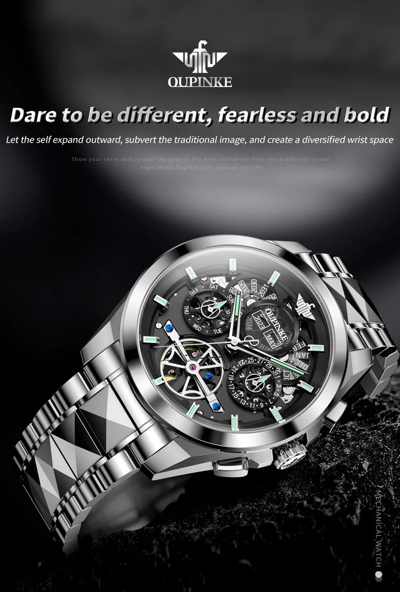 Oupinke 3233 neue automatische mechanische Uhr für Männer hohle 42mm große Zifferblatt Handuhr Wolfram Stahl armband Original Herren uhren