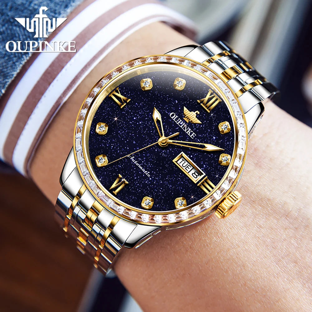 Oupinke Herren uhr Luxusmarke Diamant blau Sternen himmel automatische mechanische Uhr original wasserdichte leuchtende Herren uhr