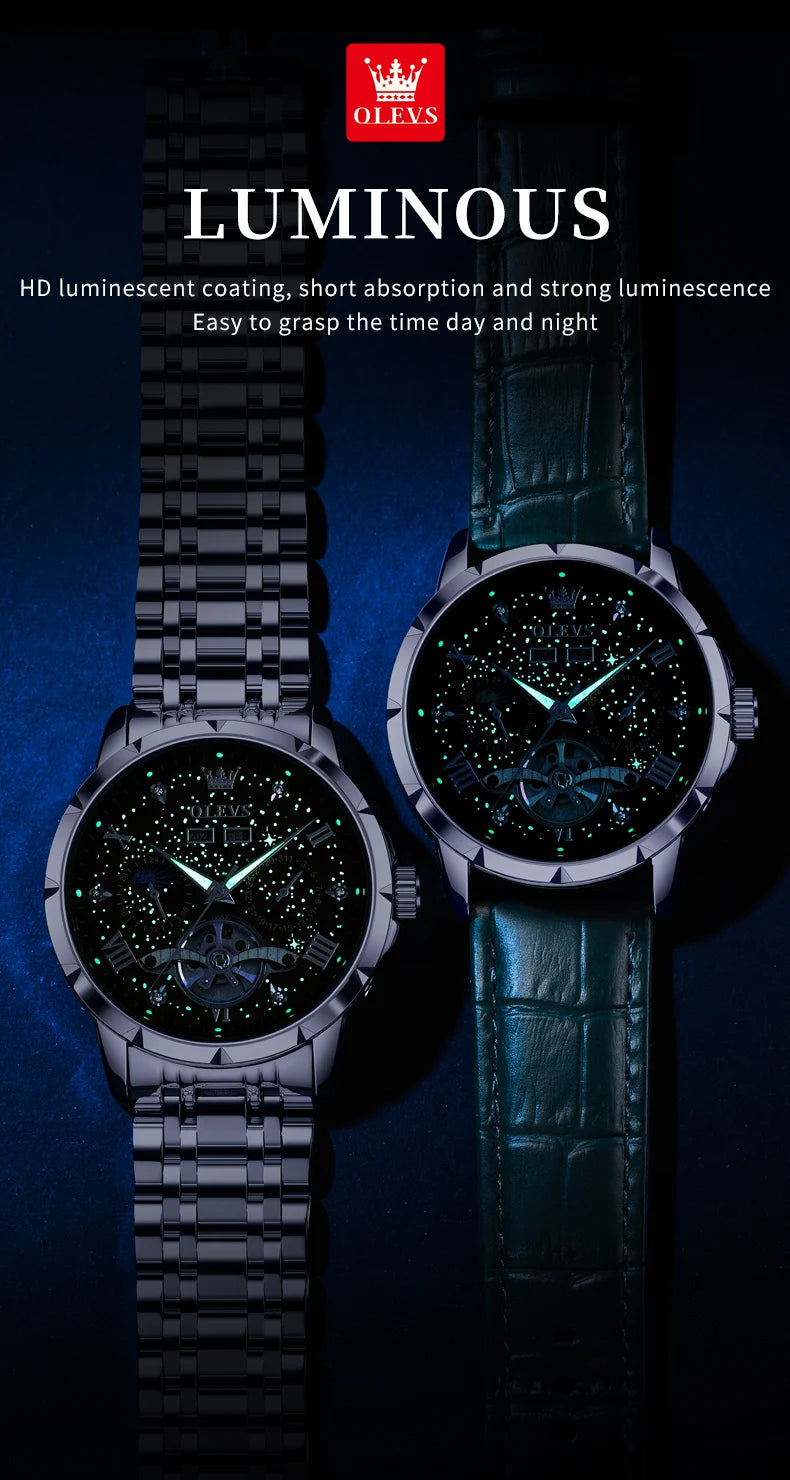 OLEVS Original Marke herren Uhren Mond Phase Starry DiskWasserdichte Multifunktionale Leuchtende Voll Automatische Mechanische Uhr ﻿