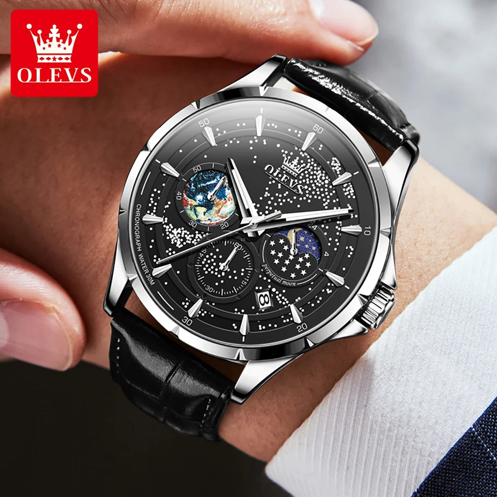 Olevs Herren uhren multifunktion ale Original Quarz Armbanduhr wasserdichte Leder Leucht uhr für Mann Chronograph Mondphase