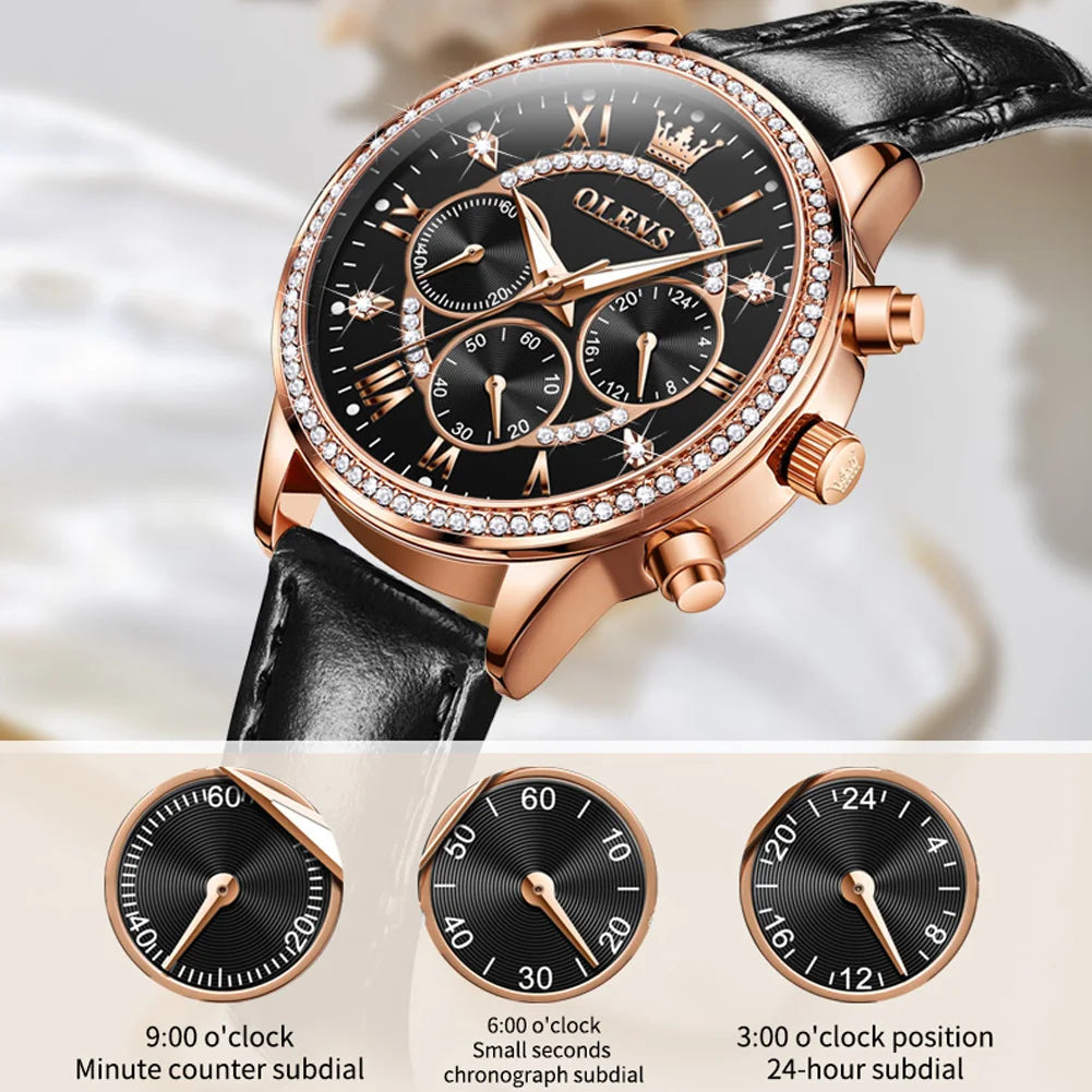 Olevs Damen uhren Mode elegante Diamant Lünette Original uhr für Damen weiches Leder armband wasserdicht leuchtenden Chronograph