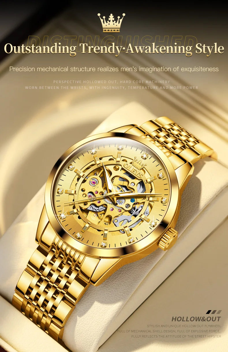 OLEVS herren Uhren Luxus Gold Skeleton Automatische Mechanische Armbanduhr für Mann Wasserdichte Edelstahl Luminous Business