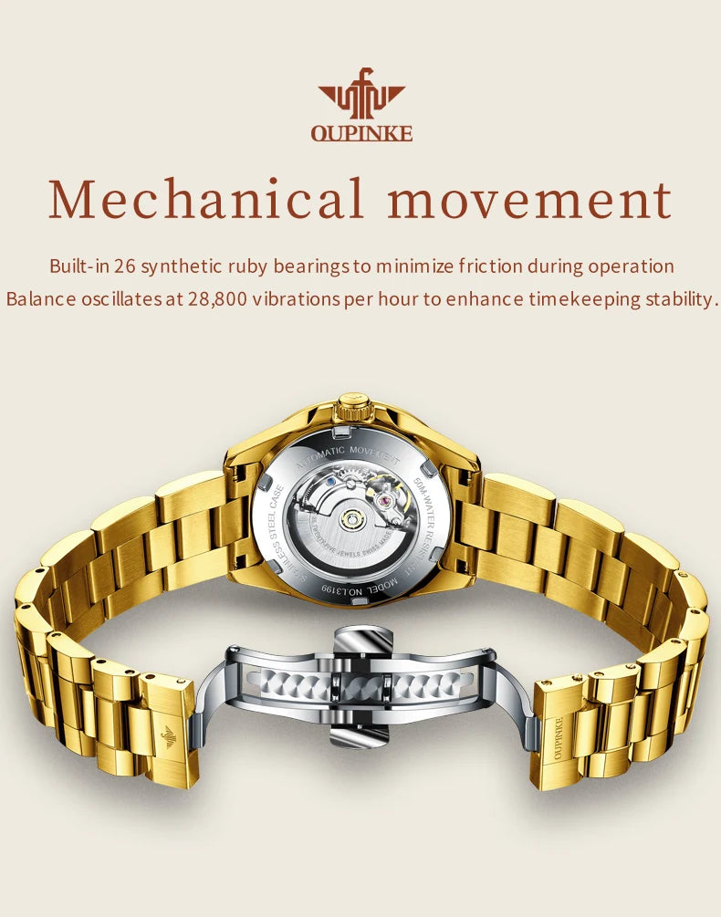 OUPINKE 3199 Automatikuhr für Damen, originelles Schweizer Uhrwerk, mechanische Damenuhren, luxuriöse Damen-Armbanduhr mit echtem Diamant