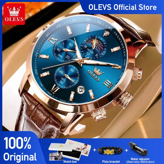 OLEVS 9812Herrenuhr Original Bequeme Quarzuhr Lederband Wasserdicht Leuchtende Mondphase Uhr Für Mann Automatische Datum