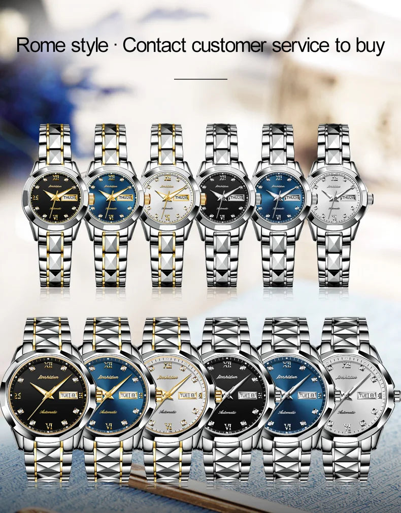 Top-Marke, Luxus-Damenuhren, wasserdicht, Dual-Kalender, vollautomatische mechanische Uhr, leuchtendes Uhrenarmband aus Wolframstahl