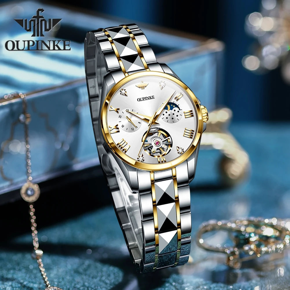 Oupinke Skelett Schwungrad mechanische Armbanduhr für Frauen Mondphase Chronograph wasserdichte elegante Damen Automatik uhr