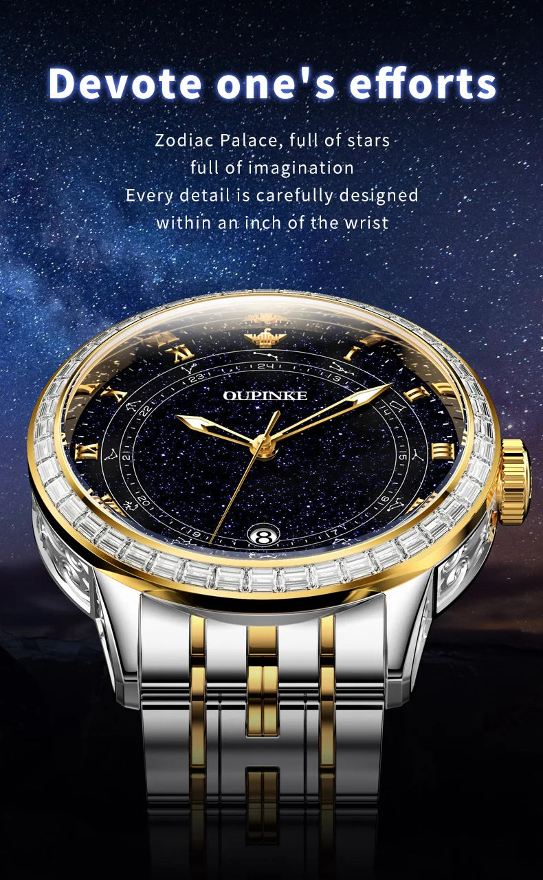 OUPINKE 3203 Fashion Brand Men's Automatic Mechanical Watch Luxury Waterproof Glowing Starry Sky Diamond Men Watch Montre Homme